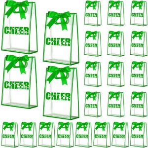 Sunnymove 24 Pcs Cheer Clear Plastic Gift Bags with Die Cut Handles Cheerleading Team Reusable Clear Goodie Snack Bag with Green Ribbon Cheer Party Accessories Gift for Cheerleader Team Women (1 Count (Pack of 24))