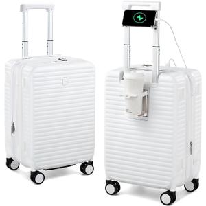 Hard Shell Suitcases Airline Approved 20 Inch Carry on Luggage, Expandable Travel Luggage Carry on Luggage with Cup Holder Charger Built in, Lightweight Small Suitcases with Wheels, White