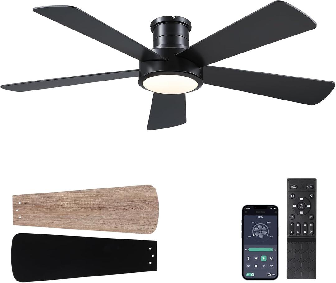 Hounberi 52 Inch Flush Mount Ceiling Fan with Lights and Remote, Modern Quiet DC Motor Low Profile Ceiling Fan for Low Ceilings, 5 Reversible Blades, 6 Speeds Dimmable, Indoor Outdoor Bedroom, Black