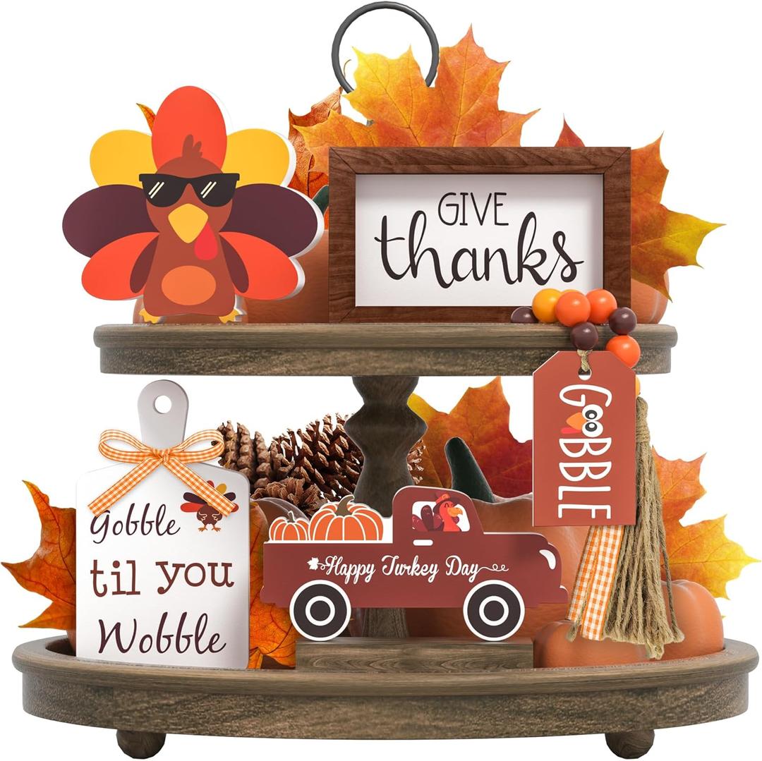 Thanksgiving Tiered Tray Decor - Give Thanks Turkey Wooden Signs Bead Garland Table Signs Farmhouse Decorations for Thanksgiving Party Home Kitchen Office