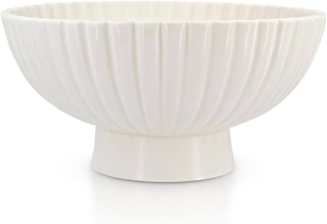 White Ceramic Fluted Decorative Bowl - 8 inch Fruit Footed Bowl for Kitchen Counter, Modern Key Pedestal Ruffle Bowl for Entryway Table & Home Organization-Fits Bread, Fruits, Salad or Popcorn