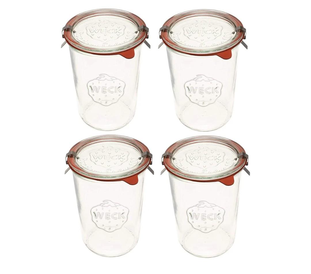 Weck Canning Jars - 743ml Transparent Glass Food Storage Containers with Airtight Lids - 3/4 Liter Tall Jars Set of 4