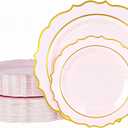 120PCS Pink Plastic Plates, Disposable Elegant Party Plate with Gold Rim, Heavy Duty 60 Dinner and 60 Dessert Fancy Plates for Party and Wedding