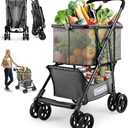 𝟐𝟎𝟐𝟓 𝐔𝐩𝐠𝐫𝐚𝐝𝐞𝐝 Folding Shopping Cart with Wheels, 80lbs Multi Use Grocery Carts with 360° Wheels & Removable Tote Bag, Multifunctional Portable Personal Shopping Carts for Groceries，Black 