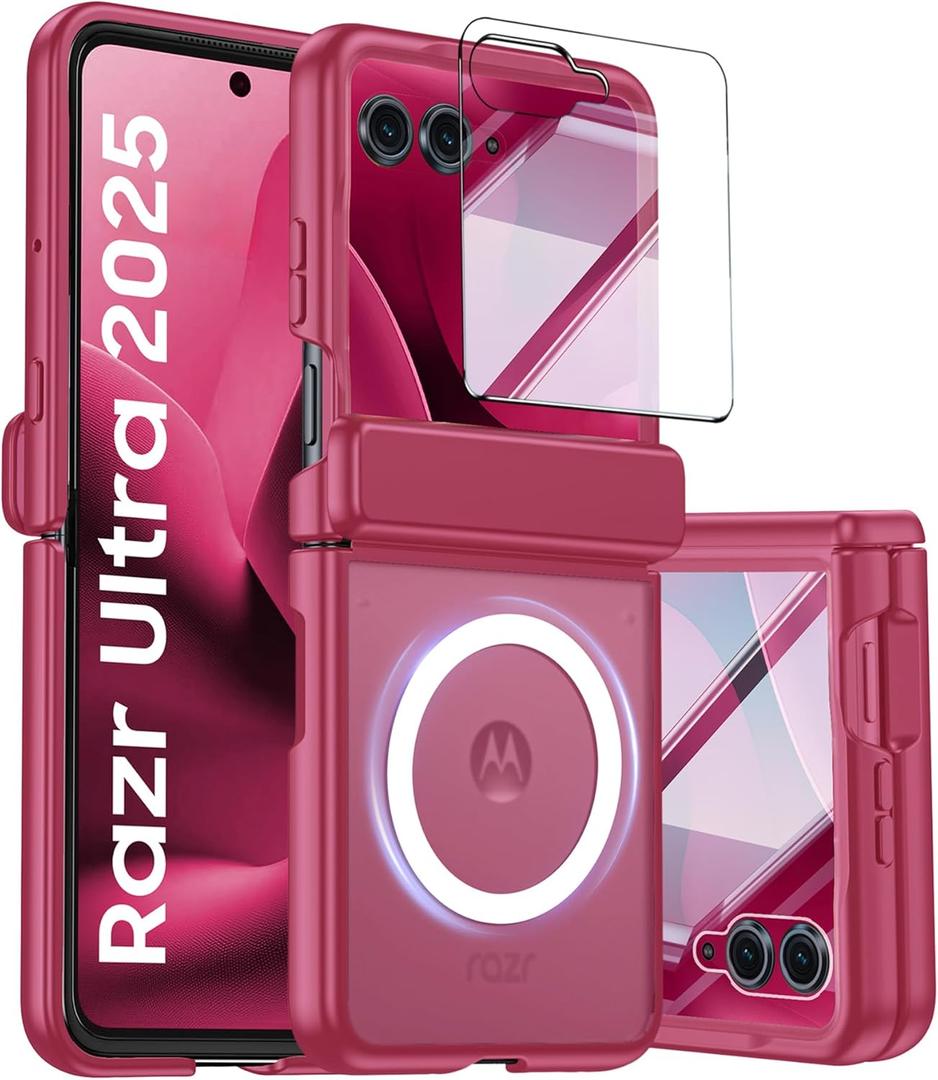 Magnetic for Motorola Razr Ultra 2026/2025 Case,Hinge Protection, Screen Protector, Compatible with MagSafe, Translucent Frosted, Shockproof Slim Cover for Razr Ultra 2026/2025-Rose Red
