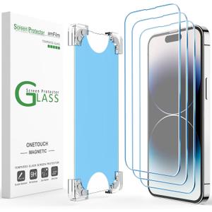 AmFilm 2 Pack Magnetic OneTouch 14 Pro Max 6.7" Screen Protector [Eco Friendly & Reduce Plastic] [Indestructible Ultra 9H Tempered Glass] [15 seconds Auto-Alignment & Ultra Fa