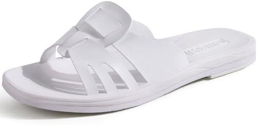 ONCAI Slides for Womens,Flat Dressy Square Toe Summer Beach Sandals for Woman with Comfortable Non-slip Rubber Soles, Size 11, White