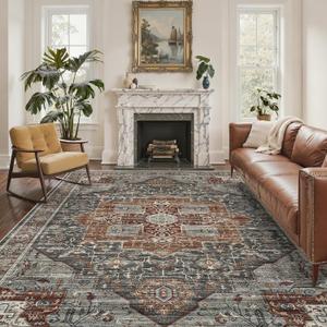 6x9 Rug, Stain Resistant Washable Area Rugs with Anti-Slip Backing, Vintage Large Bedroom, Living Room Rugs, Foldable Soft Rug (Grey/Brown/Tan, 6'x9')