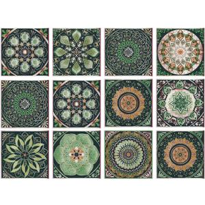 6x6 in Green Backsplash Tile Stickers Peel and Stick,Mandala Pattern Tile Decals Decor Kitchen Bathroom Laundry Furniture Vanity (Multi Color (Green Main Color))