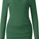 AUXDIO Women Bodycon Long Sleeve Dresses Casual V Neck Ruched Wrap 2026 Spring Fall Party Club Mini Dress (Green, L)