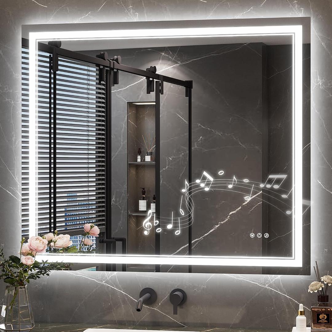 Keonjinn 42 x 36 Inch Lighted Mirrors for Bathroom Wall with Bluetooth Speaker, Frontlit & Backlit LED Bathroom Mirror, Bluetooth Mirror Bathrooms, Tempered Glass, Defogging, 3 Color Lights, Dimmable
