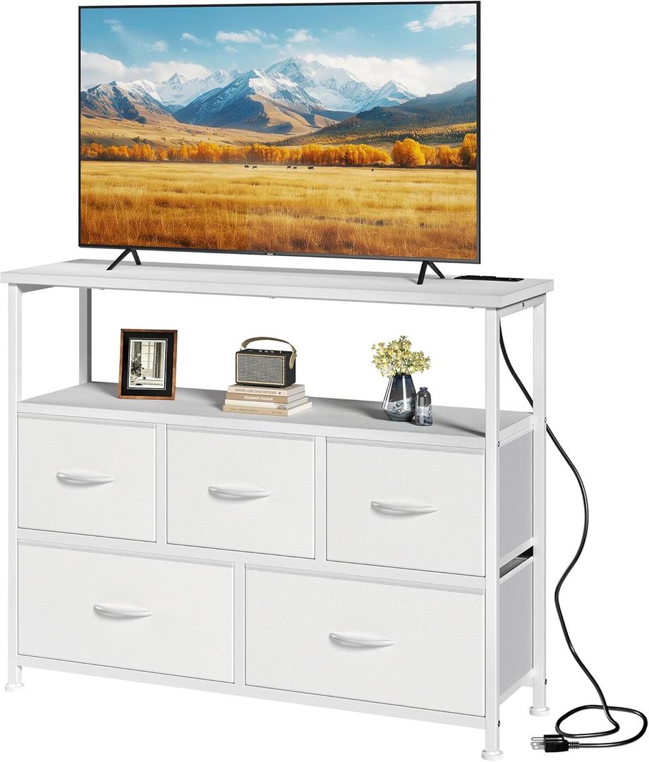 DUMOS TV Stand, Dresser with 5 Fabric Storage Drawers, Media Console Featuring Open Shelf, Fabric Storage Cabinet with Charging Station, Compact Entertainment Unit for Bedroom, Living Room, White