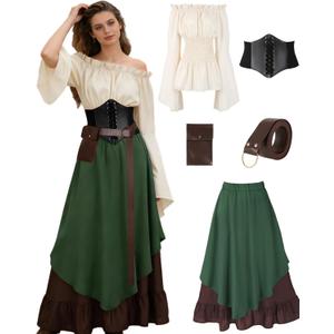 SOOFILM 5 Piece Ren Faire Dress Outfit for Women, Medieval Renaissance Faire Costume - with Corset Belt and Pouch Green, Medium