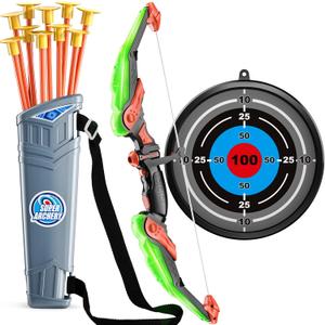 TEMI Bow and Arrow Set for Kids - Archery Toy Set - LED Light Up with Suction Cup Arrows, Target & Quiver, Indoor and Outdoor Toys for Children Boys Girls (Green)