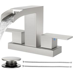 Cobbe Waterfall Bathroom Faucets 3 Hole, Brushed Nickel Bathroom Sink Faucet Square 4 Inch Centerset with Pop-Up Drain, 2 Handle and 2 Supply Hoses, Lead-Free Stainless Steel for Vanity Sink Rv