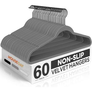 HOUSE DAY Grey Velvet Hangers 60 Pack, Non Slip Felt Hangers, Heavy Duty Velvet Clothes Hanger, Ultra Slim Hanger Space Saving, Perfect for Shirt, Suits, Pants