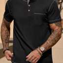 Mens Henley Shirts Casual Waffle Stretch Summer T-Shirt with Pocket (S-XXL) (Black, XXL)