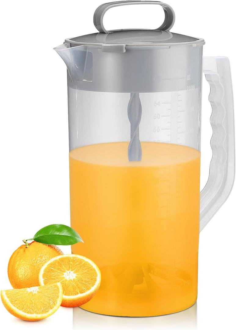 Mixing Pitcher for Drinks, 2 Quart/ 64oz Plastic Water Pitcher with Lid, Angled Plastic Blades and Adjustable Mixer Plunger for Juice, Powdered Milk, Beverage Container (One)