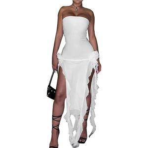 Women's Sexy Fringe Ruffle Sleeveless Backless Off Shoulder Bodycon Split Irregular Hem Maxi Flowy Dress (White, M)