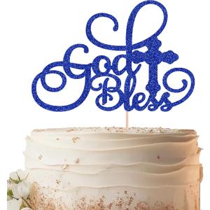 God Bless Cake Topper - Royal Blue Glitter Baptism Cake Decorating Supplies for Boys or Girls, Baptism Sign Divine Blessings Cake Decor for Baby Shower, First Confirmation Photo Booth Props