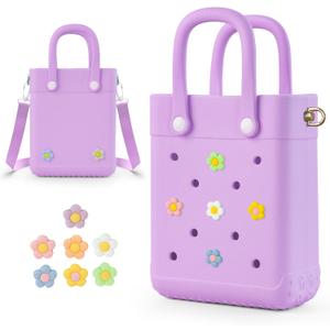 Mini Rubber Tote Bag for Little Girl & Woman, X-Small EVA Waterproof Beach Bag with Cute Charms & Adjustable Strap | with 7 Charms