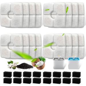 Replacement Filters & Pre-Filter Sponges (16 + 16 Pack) for Veken 84 oz / 2.5L Pet Fountain, Triple Filtration System Filter Set for Cat Water Fountain & Dog Water Dispenser