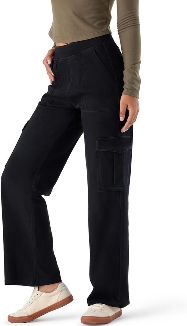 Womens Pull-On Cargo Jeans - Mid Rise Wide Leg, Soft Stretch Denim, Comfort Fit with Pockets (Medium, Black)