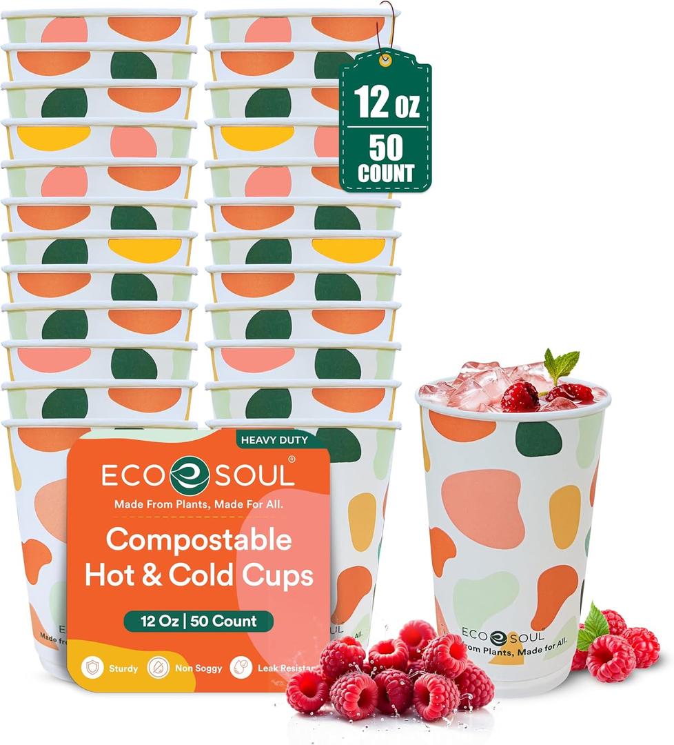 ECO SOUL 12 oz 50 Disposable Paper Cups,Hot/Cold Beverage Paper Drinking Cups, Leakproof Printed Cups for Cafe, Office, Party