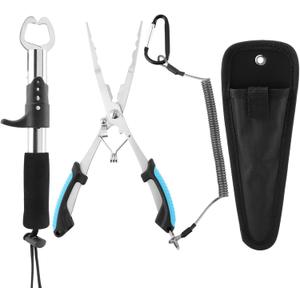 Fishing Gear Set,Long Nose Stainless Steel Fishing Pliers 8.5",Fishing Pliers and Gripper Set,Fish Lip Gripper,Telescopic Lanyard & Sheaths,Fishing Tool Flyfishing Gear Ice Fishing Gear
