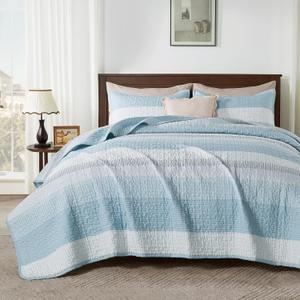 Andency King Size Quilt Set Aqua Blue, 3 Pieces Summer Ultra Soft Lightweight Bedspreads & Coverlets Set, Patchwork Striped Quilted Bedding Sets for All Seasons (1 Quilt, 2 Pillow Shams)