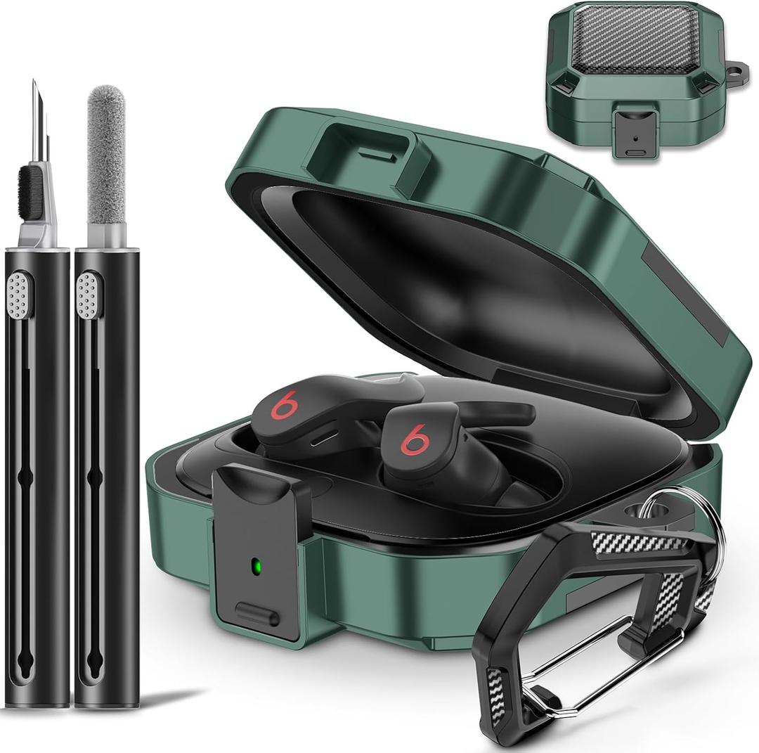 Mooyavia for Beats Fit Pro Case Cover 1st Gen 2021, with Safety Lock Carbon Fiber Shock-Absorbing Beat Fit Pro 1st Gen Protector with Accessories Keychain/Zipper Storage Bag/Cleaner Kit - Green