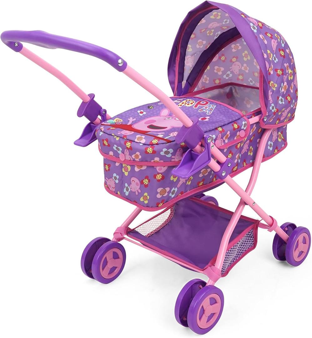 Peppa Pig: Doll Pram - Purple, Pink, Flowers - Accessory for Dolls Up to 18", Foldable, Removable Bassinet, Retractable Canopy, Kids Toy Ages 3+