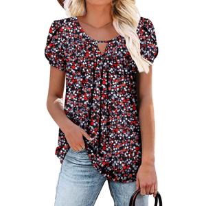 onlypuff Womens T Shirts Short Sleeve Pleated Floral Tunic Tops Dressy Casual Crew Neck Summer Boho Tops Blouses (L)