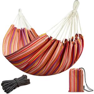 JoyView Brazilian Double Hammock with Hanging Ropes Extra Large 86.6x59 Portable Cotton Hammock for Patio Backyard Porch 450LBS Weight Capacity Perfect for Outdoor/Indoor - Red Stripes