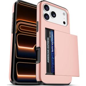 Jiunai for iPhone 17 Pro Max Case Wallet Holds 2 Cards, Slide Card Slot Holder for ID Credit Card License, Shockproof Protective Phone Cover for iPhone 17 Pro Max 6.9" 2025 Women Men Rose Gold