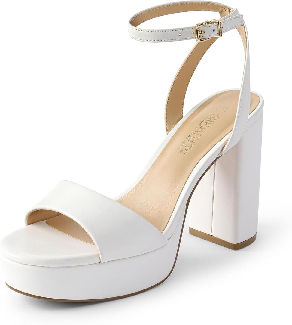 DREAM PAIRS Platform High Heels for Women Chunky Round Open Toe Ankle Strap Stylish Heeled Sandals for Party Prom Wedding (8, White-pu)