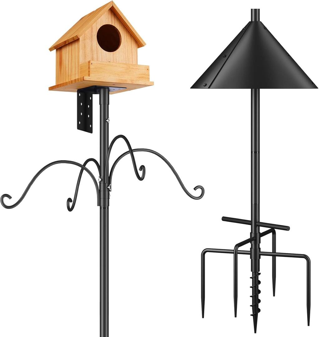Bird Feeders Pole, House Pole 92 Inch, Adjustable Heavy Duty Feeder Stand Feeding Station with Sturdy Anchor Squirrel Proof Baffle for Watching (Bird Not Included) (black, black)