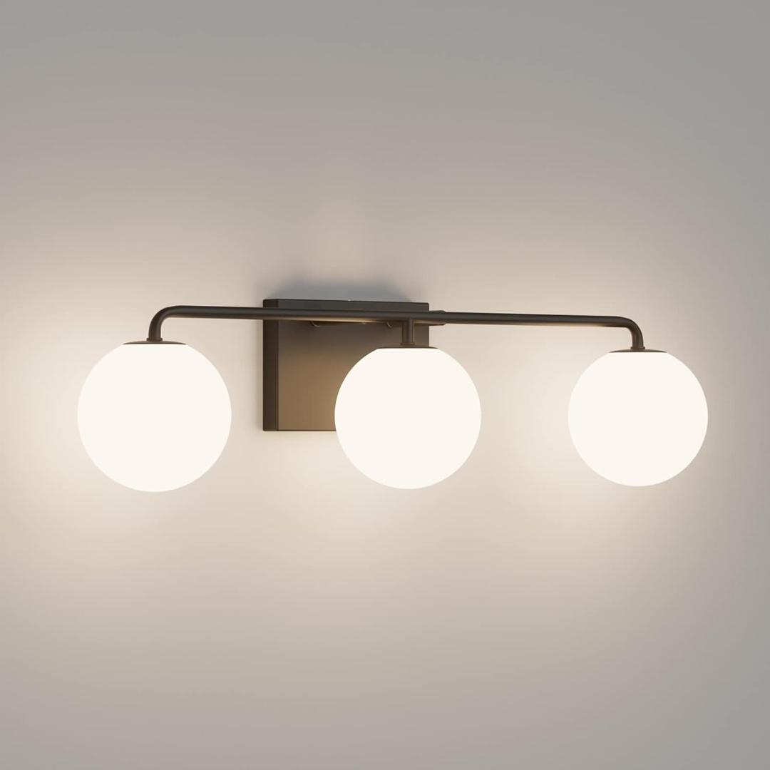 Tipace Mid Century Modern Bathroom Vanity Lights Fixtures 3-Light Black Milk White Globe Glass Industrial Vanity Lighting Over Mirror (Exclude Bulb) (24.4 IN, Black)