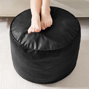 HIGOGOGO Round Stuffed Pouf Ottoman, Pu Leather Poufs with Foam Chunk Filling, Furry and Fluffy Pouf Foot Stool Storage Ottoman, 26 X 18 Floor Poufs Foot Rest for Living Room, Black