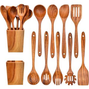 Gudamaye 13 inch Long Wooden Spoons for Cooking, 9 PCS Natural Teak Wooden Kitchen Utensil Set with Utensils Holder Made of Australia Camphor Laurel Wood，Wooden Utensils for Cooking