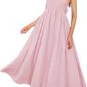 MITILLY Women's Summer Flutter Sleeve Square Neck Tie Back Casual Pleated A-Line Flowy Maxi Dress with Pockets (Medium, Pink)