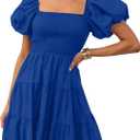 ZESICA Women's 2024 Boho Summer Square Neck Puff Sleeve Off Shoulder Smocked Tiered Casual A Line Short Mini Dress, RoyalBlue, Small