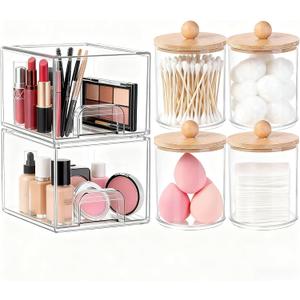 6 Pack Clear Stackable Storage Drawers & Qtip Holder Dispenser with Bamboo Lids, Clear Plastic Storage Containers for Bathroom, Vanity, Undersink, Kitchen Cabinets, Pantry, Home Organization