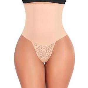 Werena Tummy Control Thong Shapewear for Women Mid High Waisted Body Shaper Underwear Lace Shaping Thong Girdle Panties(#A2 High Rise Beige,Large)