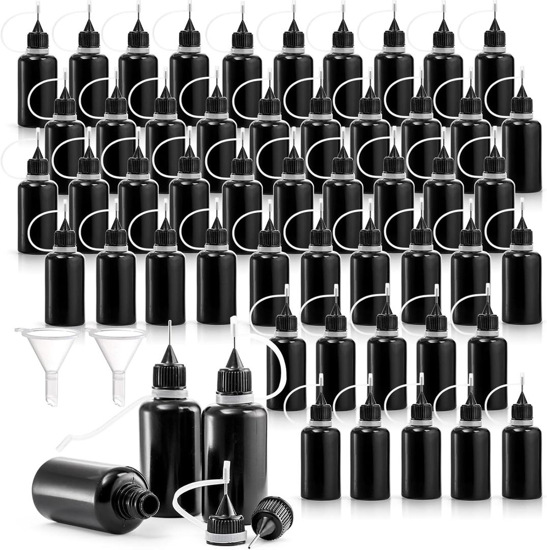 Foraineam 50 Pack Black Precision Tip Applicator Bottles with 2 Funnels, 1 oz / 30ml Needle Tip Glue Bottles, Small Metal Needle Plastic Squeeze Bottle for Acrylic Painting, Quilling and DIY Crafts
