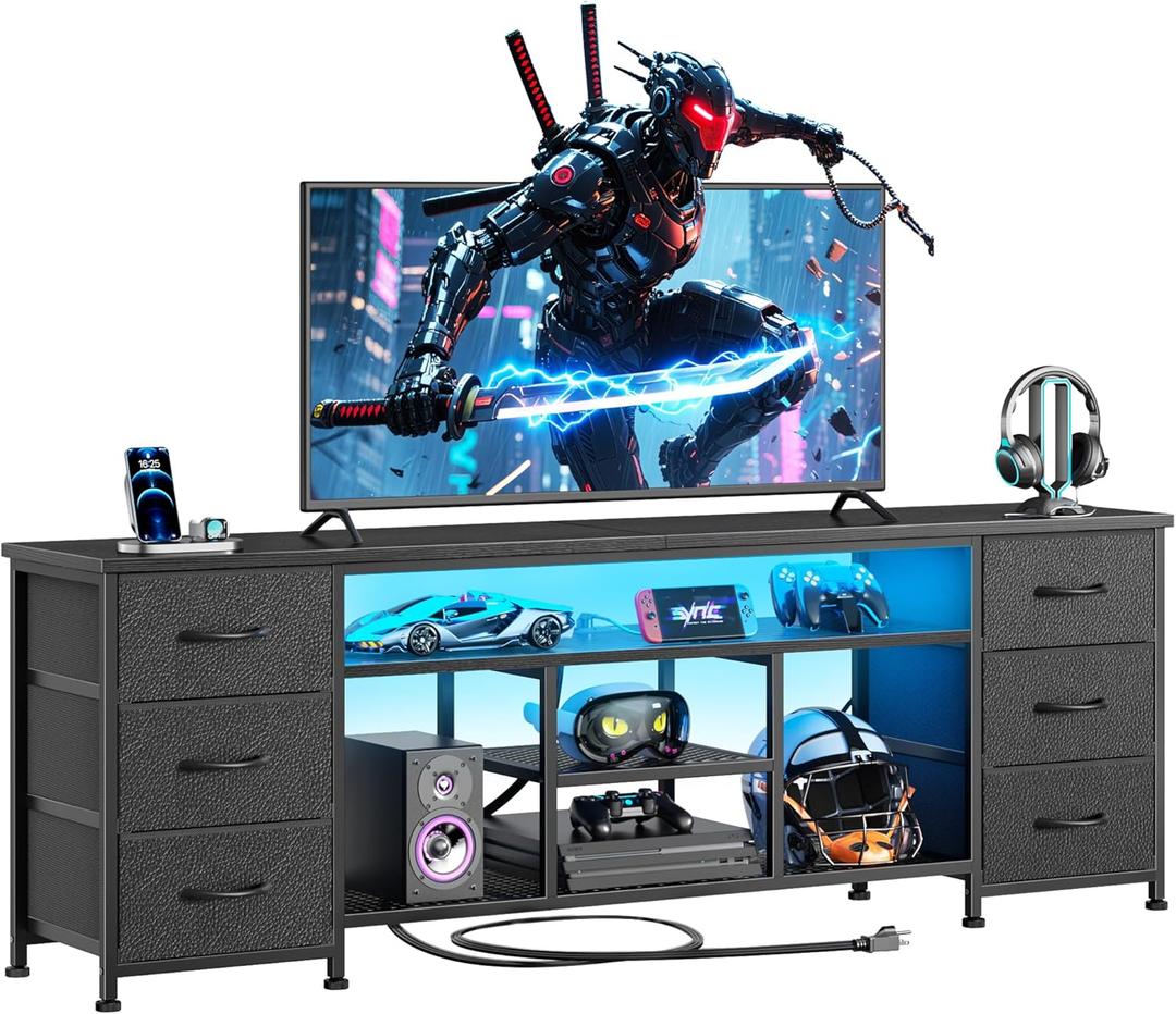Furologee LED TV Stand for 65, 70, 80 Inch TV, 71 Inch Entertainment Center with Power Outlets, 6 Fabric Drawers Dresser for Bedroom, Media Console with Open Shelves, PU Leather Surface, Black