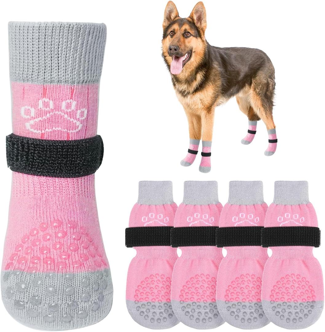 SCENEREAL Dog Socks to Prevent Licking Paws for Hot/Cold Pavement Anti Slip, Dog Shoes for Hardwood Floors, Dog Boots & Paw Protectors with Grippers for Small Medium Large Senior Dogs, Pink XL (Pink Pearl Paw(Pack of 4))