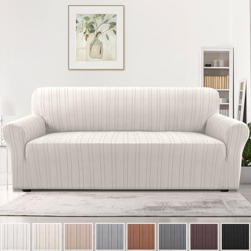 H.VERSAILTEX High Stretch Sofa Slipcover 1-Piece Couch Cover Non Slip Sofa Cover with Elastic Bottom Thick Soft Sofa Covers Washable Polyester Spandex Jacquard Fabric Stripe Design(Sofa, Ivory)