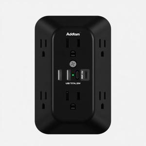 Addtam Surge Protector Outlet Extender, 6-Outlet Splitter with 4 USB Wall Charger(PD 20W), Multi Plug Wall Outlet 1800J Power Strip for Home Office Dorm Room Essentials, Black