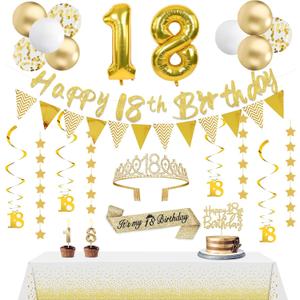 25Pcs 18th Birthday Decorations for Girls with 18th Birthday Banners,Tiara and Sash,Hanging Swirls,Star Garland, Table Cloth,Cake Toper and Candles,Balloons Gold White
